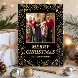 Cartão De Festividades Black & Antique-Gold Family Photo Christmas
