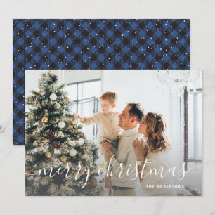 Cartão De Festividades Black Blue Buffalo Plaid Photo Merry Christmas