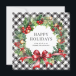 Cartão De Festividades Black Buffalo Xadrez Wreath Holly Berries Business<br><div class="desc">Cartão de férias de xadrez de búfalo preto e branco,  com uma faixa de aquarela de ramos,  holly,  bagas,  ornamentos e cones em fundo de xadrez de búfalo preto e branco,  enfeitado com estrelas. Personalize facilmente este elegante cartão de feriado comercial com o nome da sua empresa.</div>