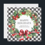 Cartão De Festividades Black Buffalo Xadrez Wreath Holly Berries Business<br><div class="desc">Cartão de férias de xadrez de búfalo preto e branco,  com uma faixa de aquarela de ramos,  holly,  bagas,  ornamentos e cones em fundo de xadrez de búfalo preto e branco,  enfeitado com estrelas. Personalize facilmente este elegante cartão de feriado comercial com o nome da sua empresa.</div>