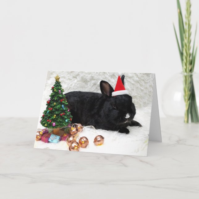 Cartão De Festividades Black Bunny Red Hat Christmas Card (Frente)