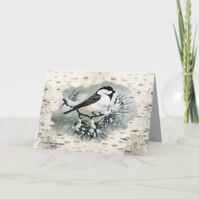 Cartão De Festividades Black Capped Chickadee Bird Birch Bark Background (Frente)