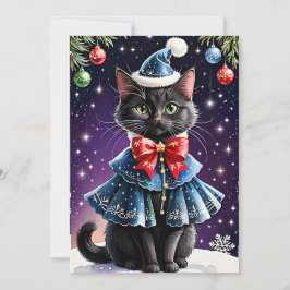 Cartão De Festividades Black Cat in Christmas Blue Cape Flat Holidcard