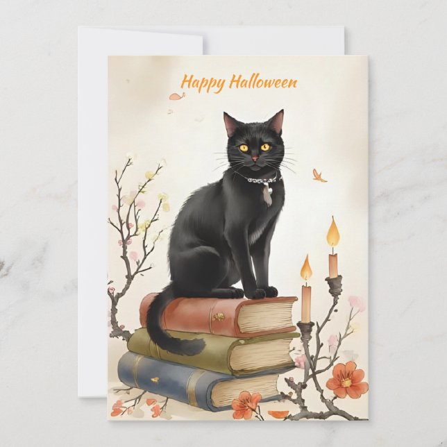 Cartão De Festividades Black Cat & Spell Books Watercolor Halloween (Frente)