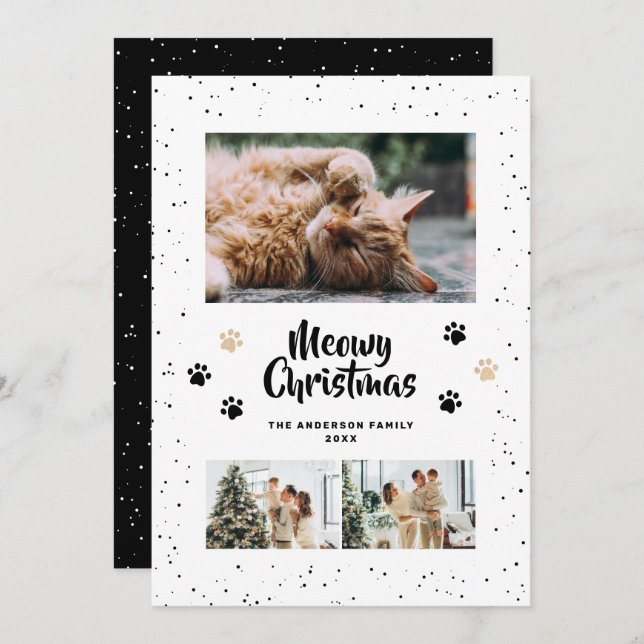 Cartão De Festividades Black Cute Meowy Christmas Snow Photo (Frente/Verso)