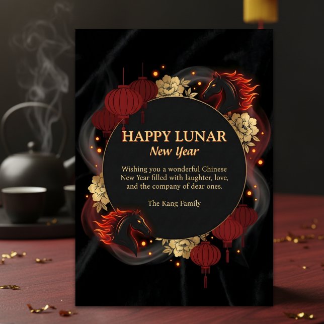Cartão De Festividades Black Gold 2026 Horse Chinese Lunar New Year (Lunar New Year – Year of the Horse, Black & Gold Lanterns, Personalized)