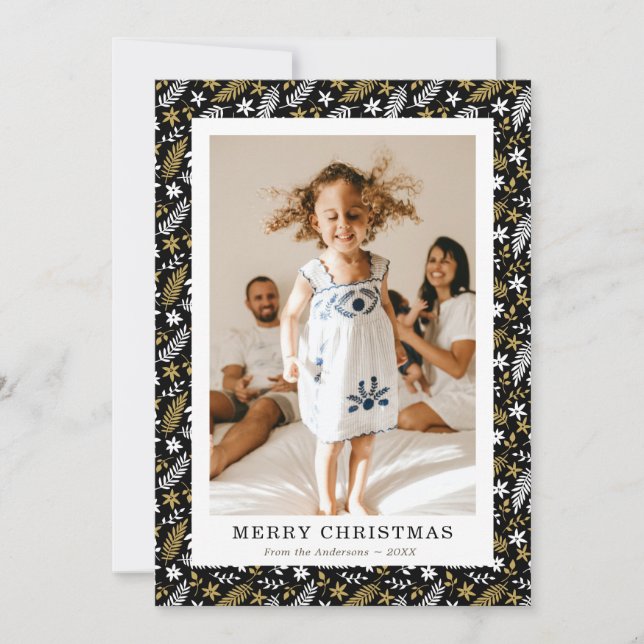 Cartão De Festividades Black Gold Botanical Photo Merry Christmas (Frente)