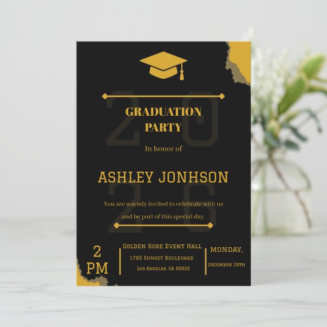 Cartão De Festividades Black Gold Graduation Party Invitation 2026   (Em pé/Frente)