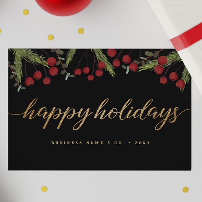 Cartão De Festividades Black & Gold Red berries Happy Holidays Logo (Business Happy Holidays script gold, green, red berries thank you card.)