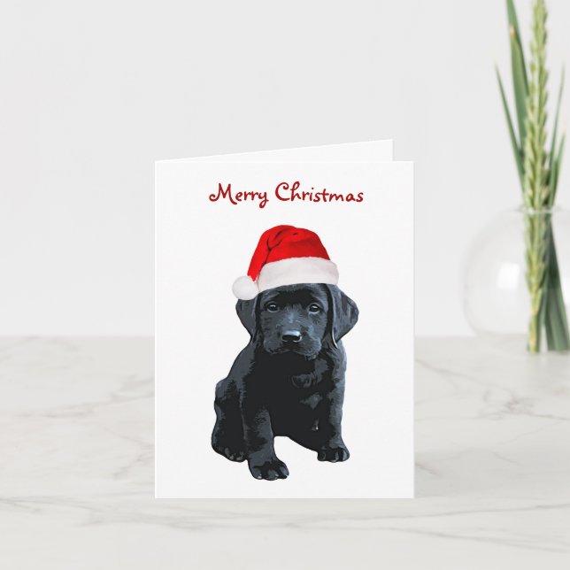 Cartão De Festividades Black Lab Merry Christmas Labrador Puppy Santa Dog (Frente)