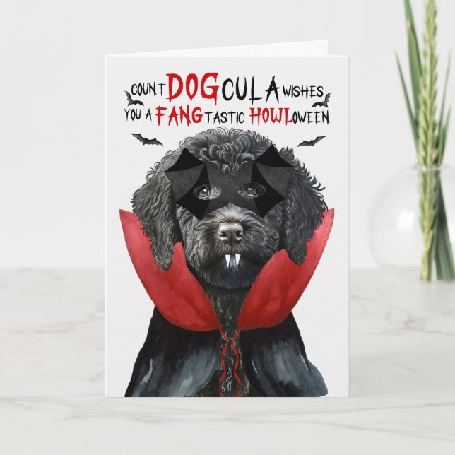 Cartão De Festividades Black Labradoodle Funny Count DOGula Halloween (Frente)