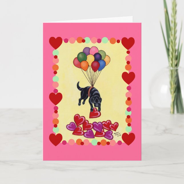Cartão De Festividades Black Labrador coletando o AMOR (enquadrado) (Frente)