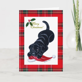 Cartão De Festividades Black Labrador Puppy e Papai Noel no Natal