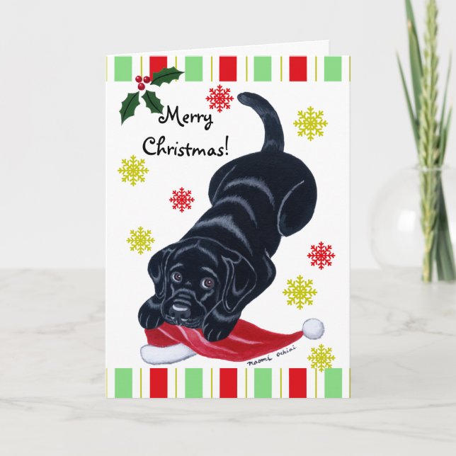 Cartão De Festividades Black Labrador Puppy e Papai Noel no Natal (Frente)
