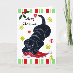 Cartão De Festividades Black Labrador Puppy e Papai Noel no Natal
