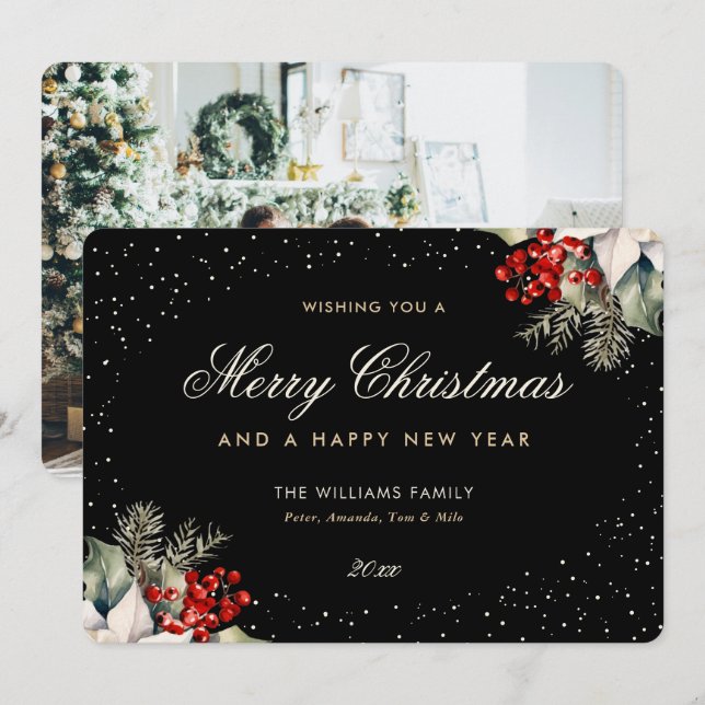 Cartão De Festividades Black Merry Christmas Happy New Year Photo (Frente/Verso)