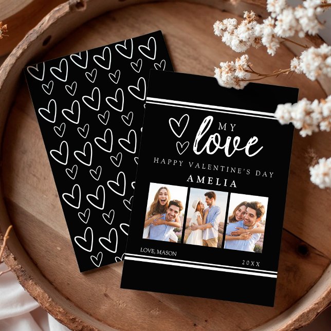 Cartão De Festividades Black Modern Happy Valentine's Photo Collage Card (Black Modern Happy Valentine's Photo Collage Card)