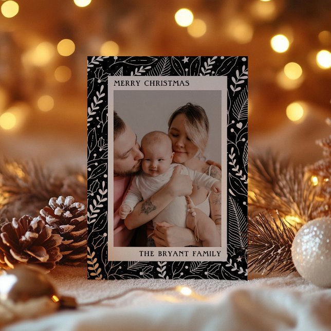 Cartão De Festividades Black Modern Holly e deixa Trabalho de arte Frame (Criador carregado)