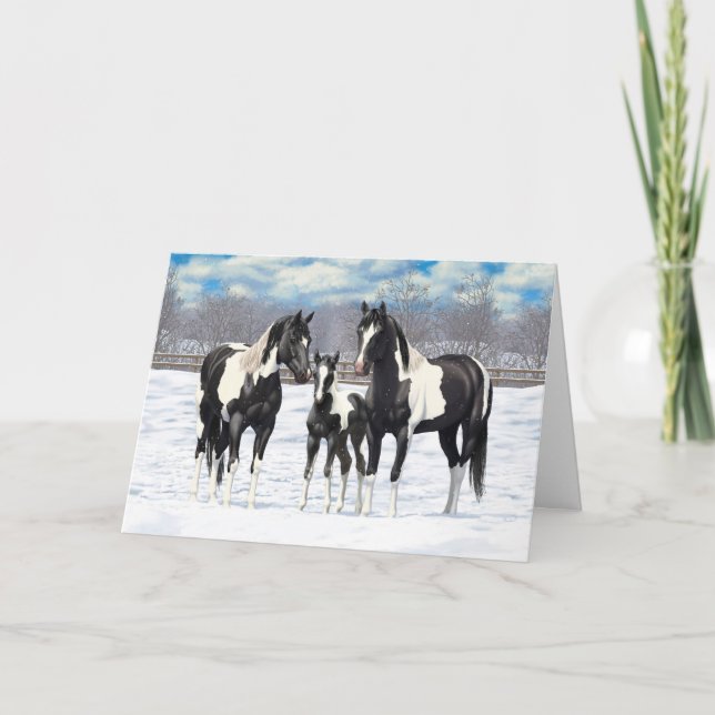 Cartão De Festividades Black Pinto Quarter Horse Paint Horses In Snow (Frente)