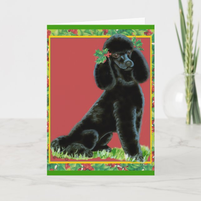 Cartão De Festividades Black Poodle Christmas & Holiday Cards with Holly (Frente)