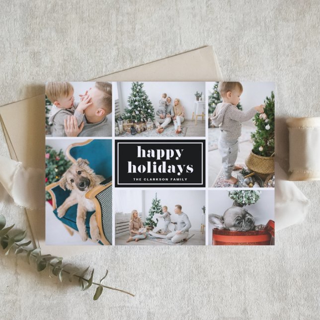 Cartão De Festividades Black Retro Bold Typography Photo Collage (Customizable photo collage happy holidays card featuring retro typography and a black background.)