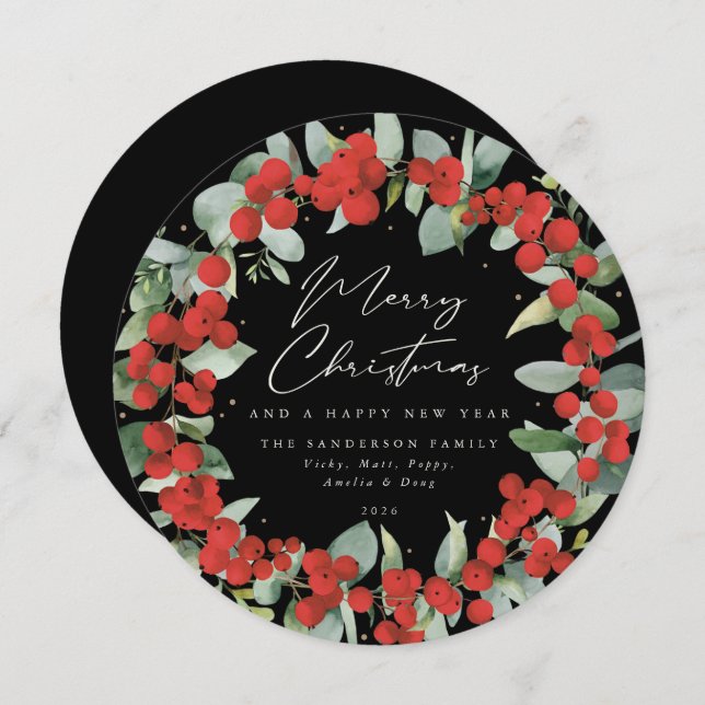 Cartão De Festividades Black Round Red Berry+Eucalyptus Christmas Wreath (Frente/Verso)