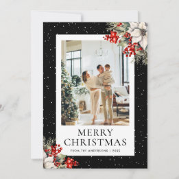 Cartão De Festividades Black Snowy Botanical Photo Christmas Card