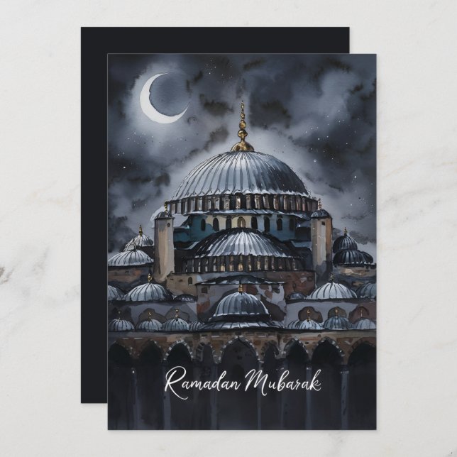 Cartão De Festividades Black Watercolor Ramadan Mubarak Mesquita céu (Frente/Verso)