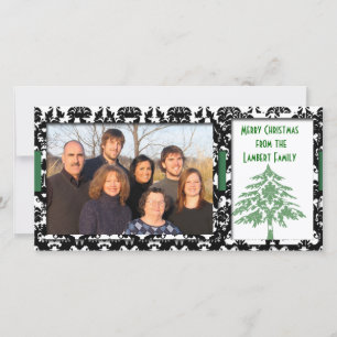 Cartão De Festividades Black & White Damask Árvore Verde Feliz Natal