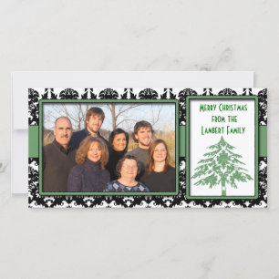 Cartão De Festividades Black & White Damask Árvore Verde Feliz Natal