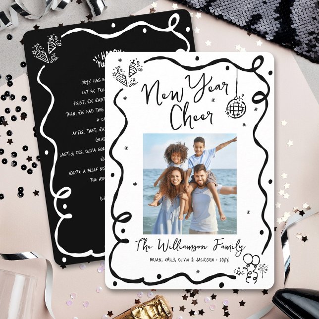 Cartão De Festividades Black White New Year Cheer Photo Hand Drawn Doodle (Criador carregado)
