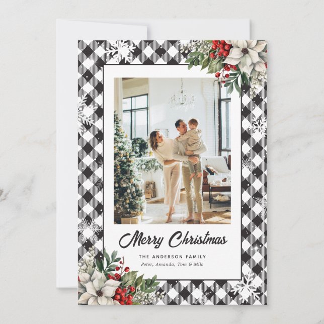 Cartão De Festividades Black White Plaid Botanical Photo Christmas Card (Frente)