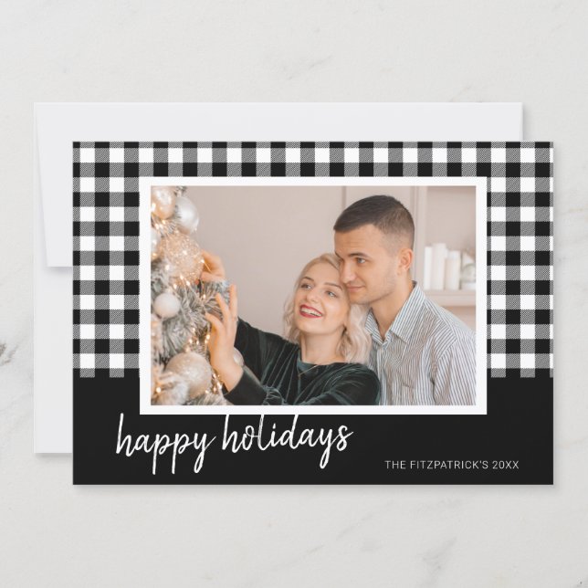 Cartão De Festividades Black & White Plaid Christmas Photo Greeting (Frente)
