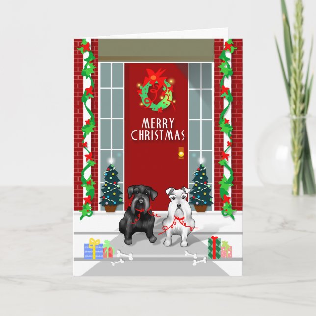 Cartão De Festividades Black & White Schnauzer Merry Christmas Card (Frente)