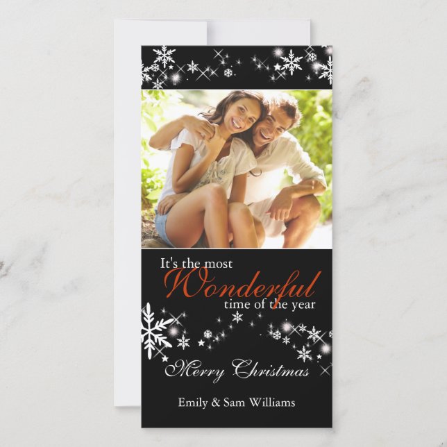 Cartão De Festividades Black & White Snowflakes Chic Holiday Photo (Frente)