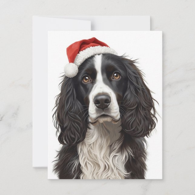 Cartão De Festividades Black & White Spaniel Santa Hat Xmas Art (Frente)