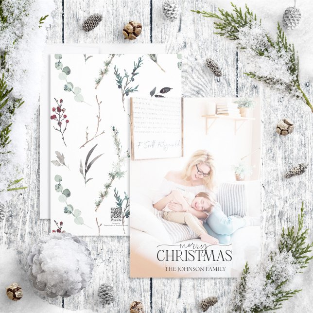 Cartão De Festividades Black Winter Botanical Merry Christmas Photo Holid (Criador carregado)