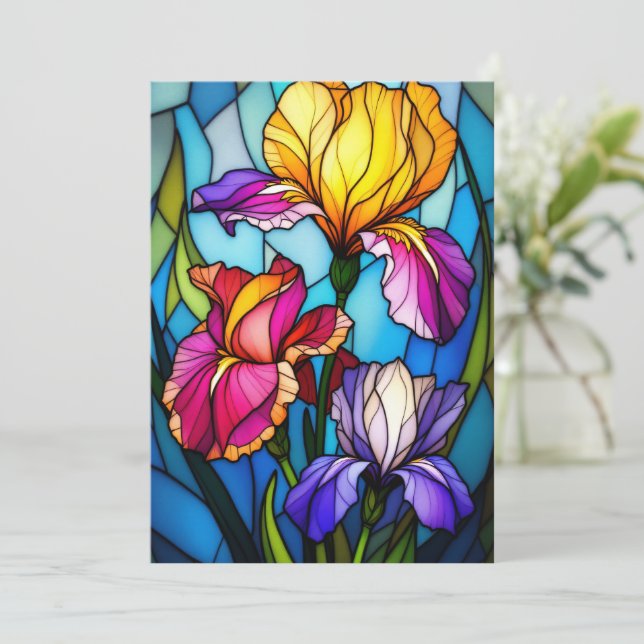 Cartão De Festividades Blank Flat Greeting Card with Stain-Glass Iris  (Em pé/Frente)