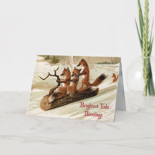 Cartão De Festividades Blessed Yule Sledding Foxes Folded Holiday Card (Frente)