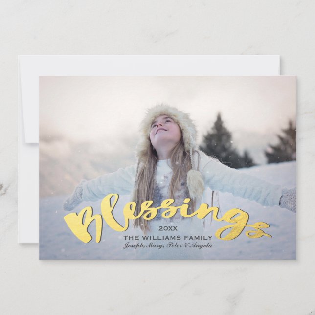 Cartão De Festividades Blessings Faux Dourado Script Holiday Foto de Nata (Frente)