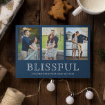 Cartão De Festividades Blissful Christmas | Three Photo Collage<br><div class="desc">Send your family and friends an elegant Christmas card with your favorite photos. Flip the card over to reveal an elegant blue and white stripes pattern on the back of the card.</div>