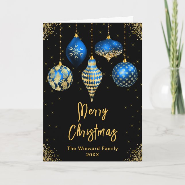 Cartão De Festividades Blue and Gold Ornaments Merry Christmas (Frente)