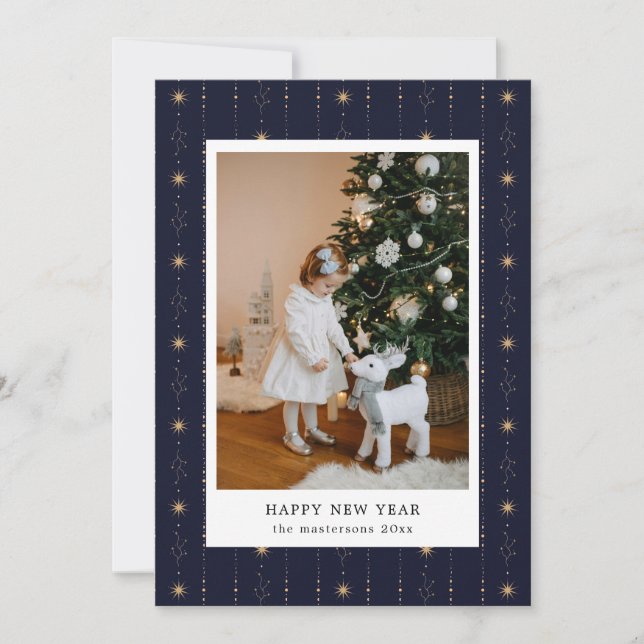 Cartão De Festividades Blue And Gold Stars Wallpaper Photo Holiday Card (Frente)