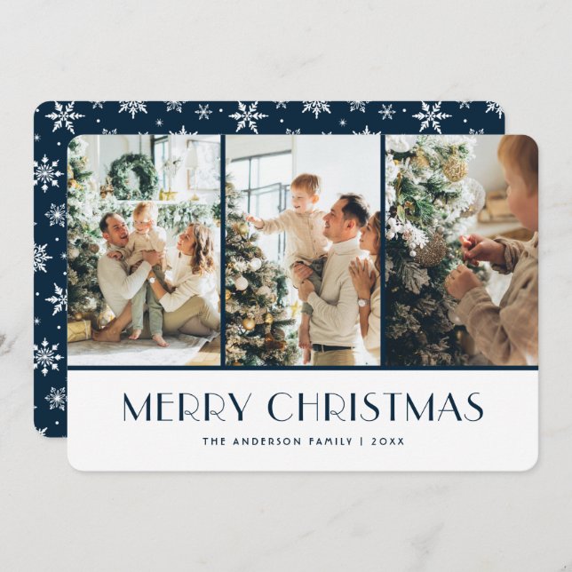 Cartão De Festividades Blue  and White Snowflakes Photo Christmas Card (Frente/Verso)