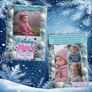 Cartão De Festividades Blue Birthday Boy White Christmas Snowflakes Photo