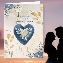 Cartão De Festividades Blue Botanical Heart with Gold Script Accents