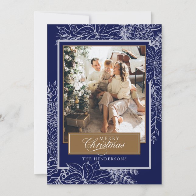Cartão De Festividades Blue Botanical Merry Christmas Photo (Frente)