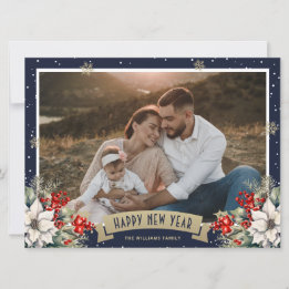 Cartão De Festividades Blue Botanical Snowflake Photo Happy New Year