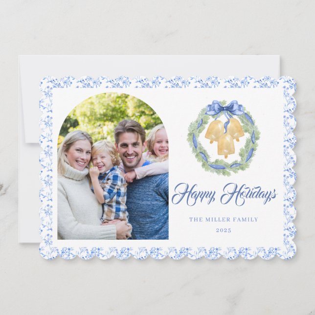 Cartão De Festividades Blue Bow Watercolor Wreath Grandmillenial (Frente)