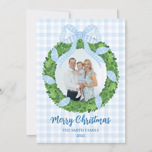 Cartão De Festividades Blue Bow Wreath Christmas Photo Holiday Card (Frente)